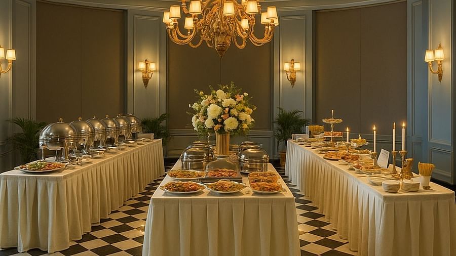 Lavish buffet display with floral centrepiece in sophisticated indoor venue, suited for weddings or social events.