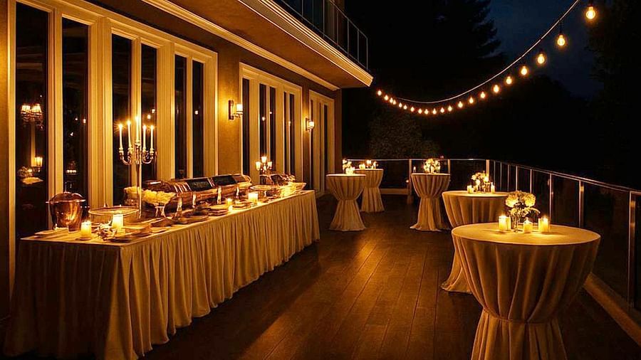 Elegant evening banquet with warm string lights and buffet tables set on terrace, ideal for romantic monsoon events.
