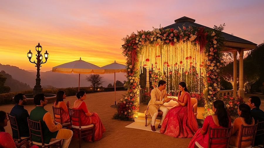 Beautiful sunset wedding ceremony with floral mandap and mountain backdrop, ideal for romantic outdoor nuptials.