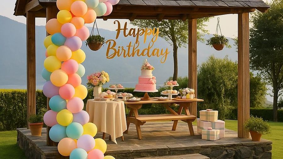  Vibrant garden birthday setup at The Manor Sports & Wellness Hotel with pastel balloons, a pink cake, gift boxes, and floral arrangements under a wooden gazebo.