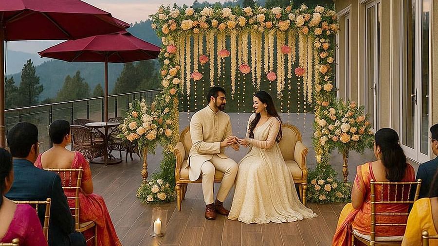  Engagement ceremony on a scenic terrace at The Manor Sports & Wellness Hotel, with floral decor, mountain views and guests seated for the couple’s special moment.