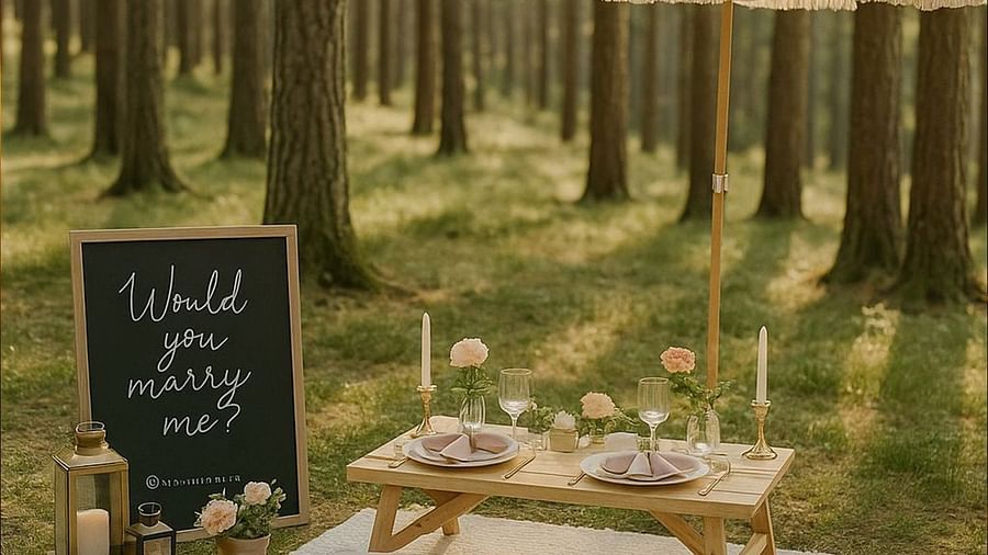  Romantic picnic proposal setup in a forest clearing at The Manor Sports & Wellness Hotel, with a Would you marry me? sign, candles and elegant table for two.