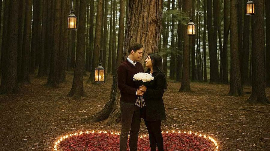  A couple stands on rose petals encircled by candlelight in the woods at The Manor Sports & Wellness Hotel, with hanging lanterns creating a dreamy, romantic vibe.