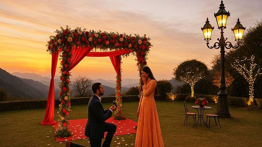  Romantic sunset proposal under a red floral arch at The Manor Sports & Wellness Hotel, with fairy lights, vintage lamps, and a couple surrounded by scenic views.