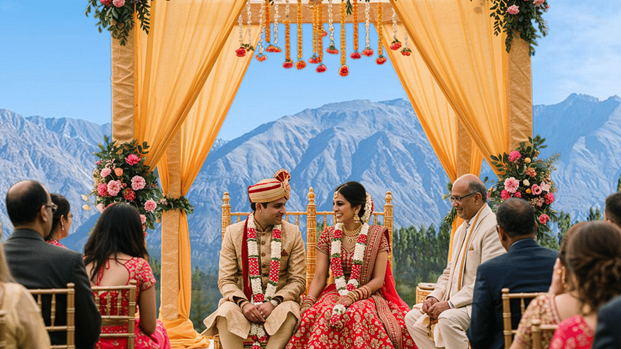  Wedding ceremony at The Manor Sports & Wellness Hotel with the bride and groom seated under a yellow mandap, backed by majestic Himalayan peaks.