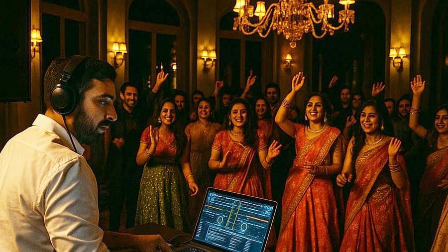  DJ night at The Manor Sports & Wellness Hotel with guests in coordinated outfits dancing under chandeliers in a grand indoor celebration space.