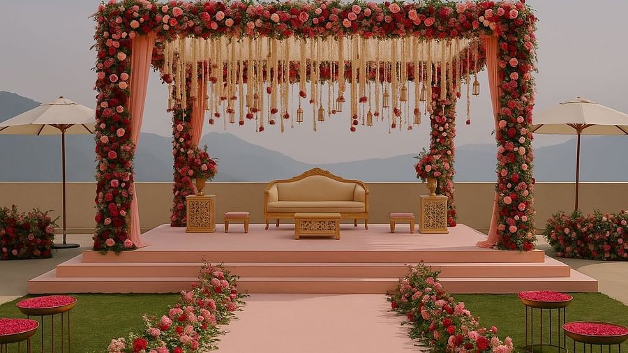  Floral wedding mandap decorated in blush pinks and reds at The Manor Sports & Wellness Hotel, set against mountain views and a serene open-air backdrop.
