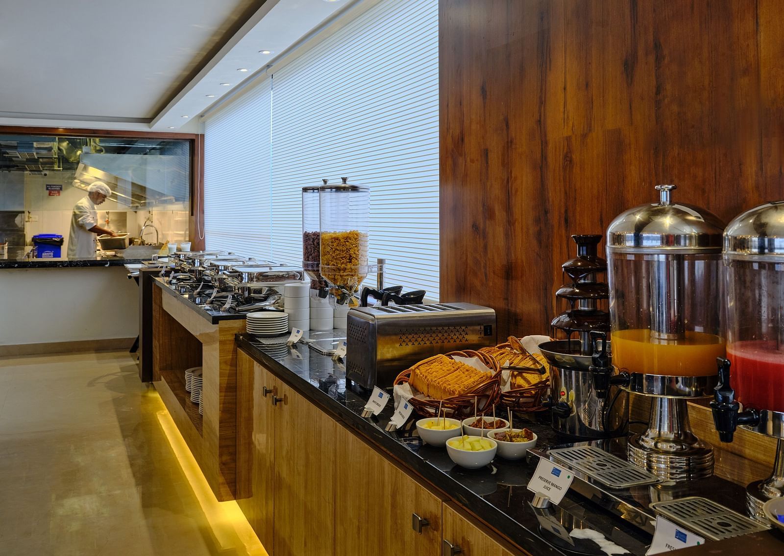 The buffet counter in a restaurant at Essentia Premier Hotel, Chennai