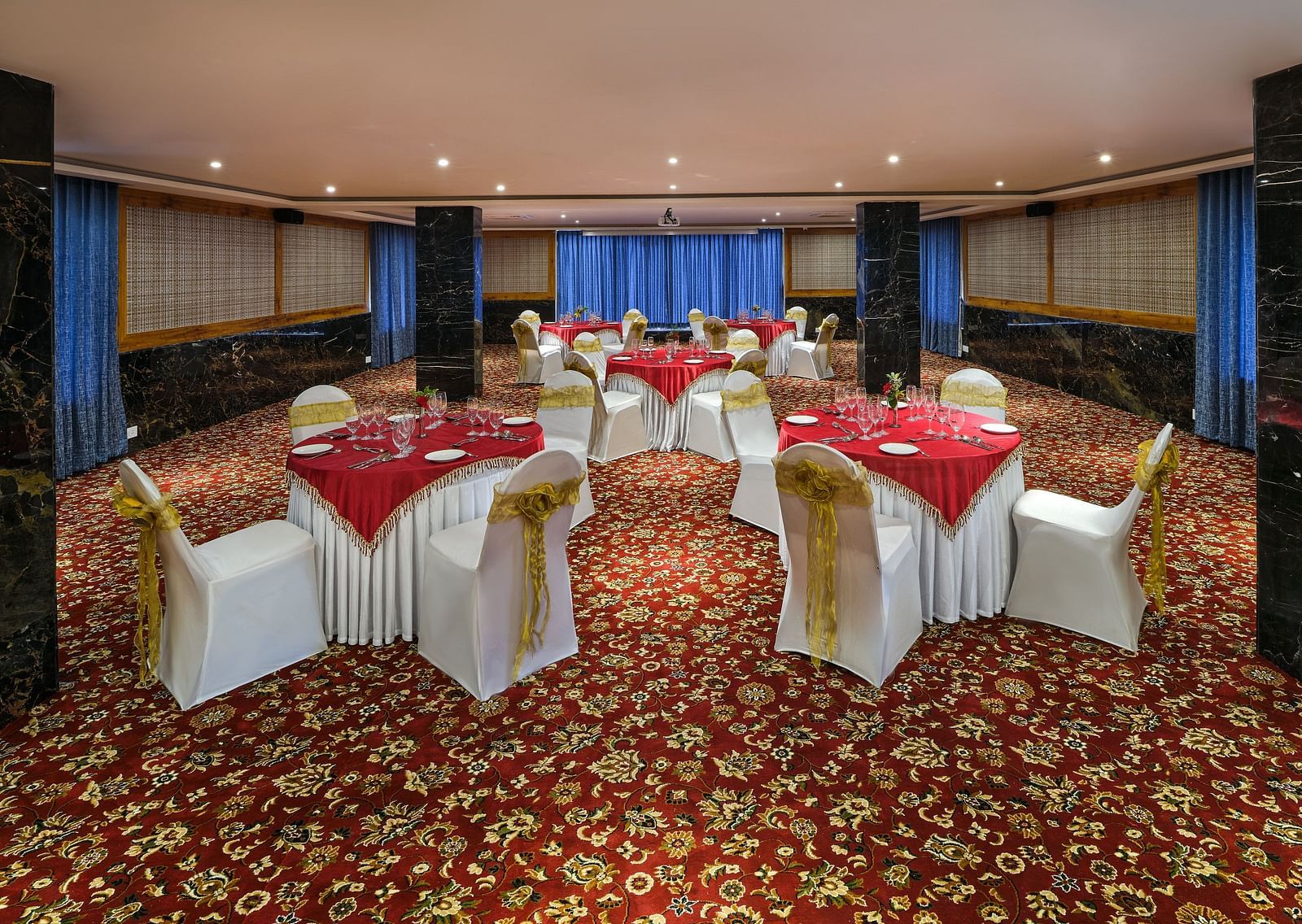 Seating arrangement in the Carnival banquet hall at Essentia Premier Hotel, Chennai