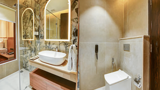 A brightly lit bathroom at the Standard Room featuring an elegant back-lit mirror above the wash basin and with a shower area beside it at Hotel 91 Privé, Gurugram.