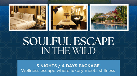 Promotional banner for Aamaghati Wildlife Resort showcasing rooms, spa and pool images, highlighting a 3-night/4-day wellness escape with luxury amenities.