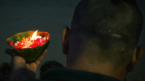 The back of a person's head is visible as they hold a small, lit lamp with flower petals in a dark environment.