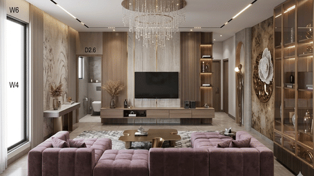Plush purple sofas sit facing a modern wall-mounted television in this lounge.