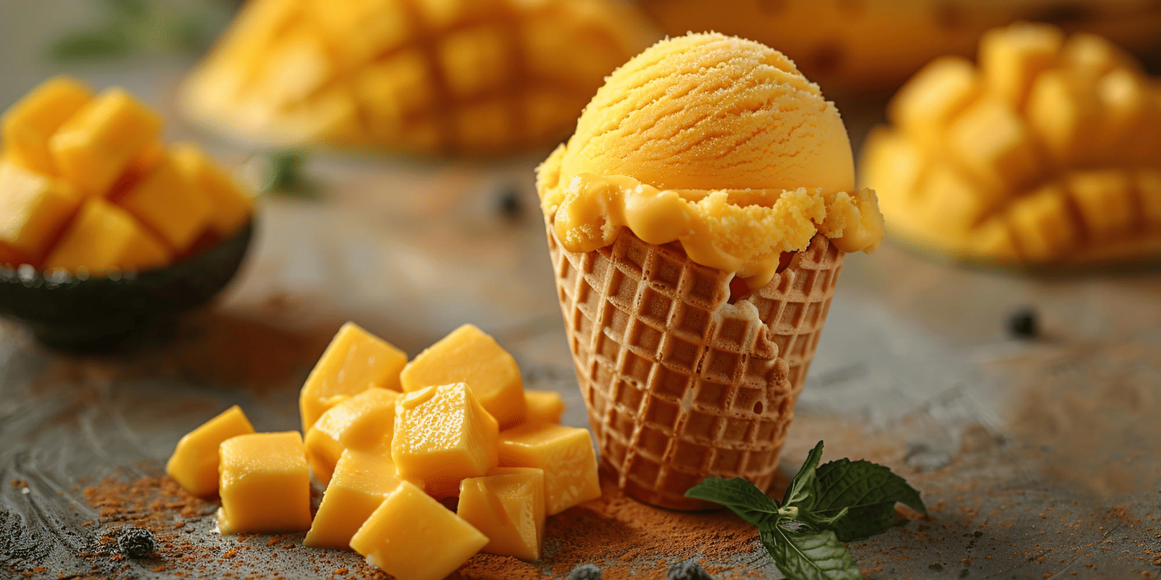 Fresh Kesar mangoes with a chilled mango ice cream at Jacaranda The Ummed Ahmedabad