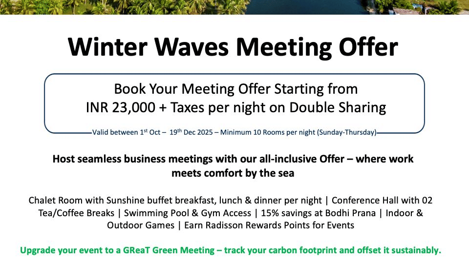 A scenic aerial view of Radisson Resort Pondicherry Bay showing lush greenery, winding waterways and the coastline promoting the Winter Waves meeting offer.