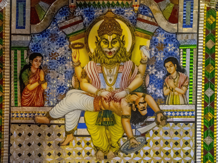 A painting of narsimha with traditional strokes and storytelling.