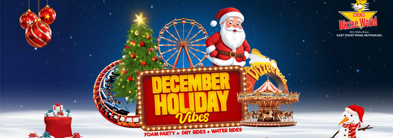 Festive December Holiday Vibes offer at MGM Dizzee World showcasing Rs 699 Jumbo Package with foam party, dry rides, and water rides highlighted.