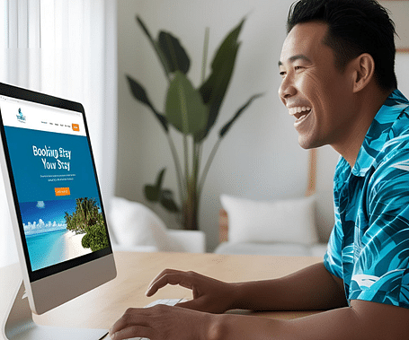 Man in a blue shirt smiling while using a desktop computer in a bright room.