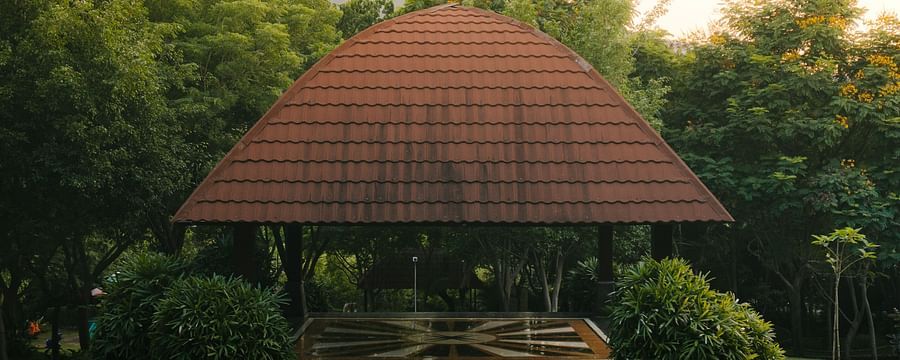  An outdoor structure with a roof, surrounded by trees and foliage. Steps lead up to the structure, creating a sense of enclosure within the natural landscape.