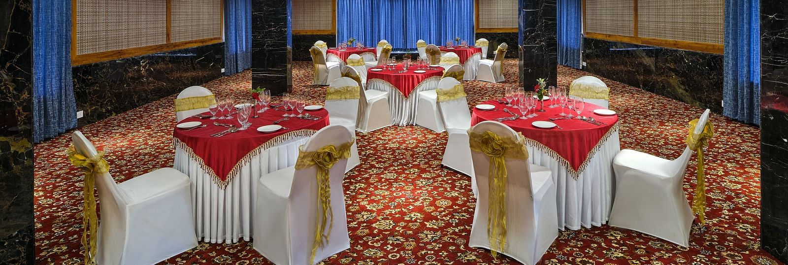 Seating arrangement in the Carnival banquet hall at Essentia Premier Hotel, Chennai