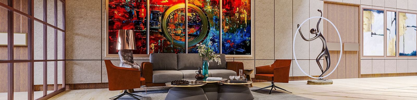 image of the Lobby at Kertel Suites, Kinshasa featuring a common seating area along with a beautiful painting behind it