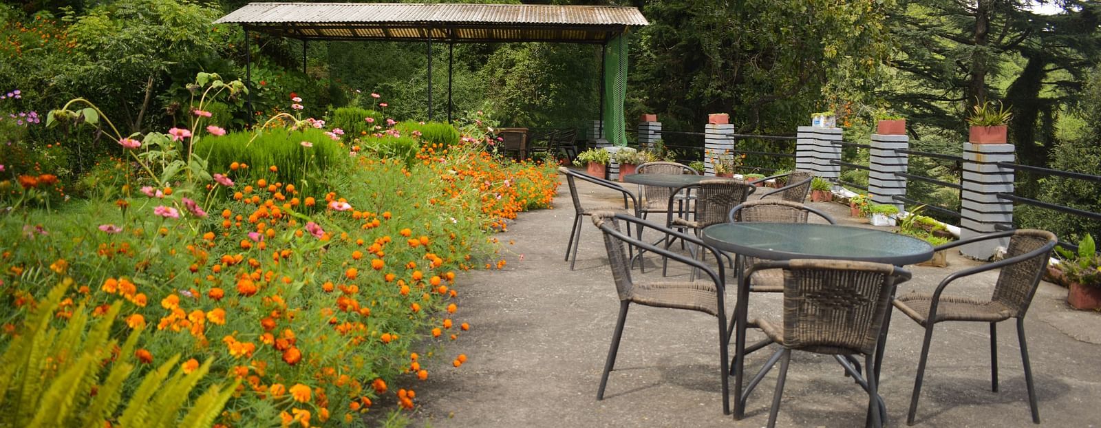 Outdoor restaurant seating with a view of a landscaped garden.