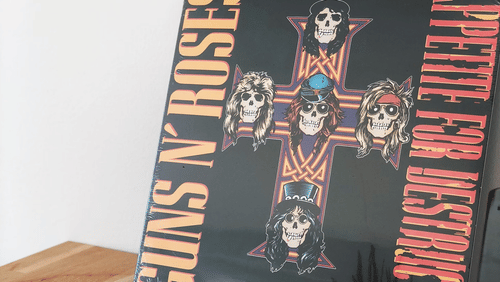 A Guns N' Roses Appetite for Destruction album cover leans against a wall on a wooden surface.