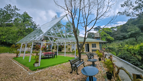 An outdoor glass roofed space with chairs and tables at Ibex Resorts, the best resort in Valparai, surrounded by lush greenery