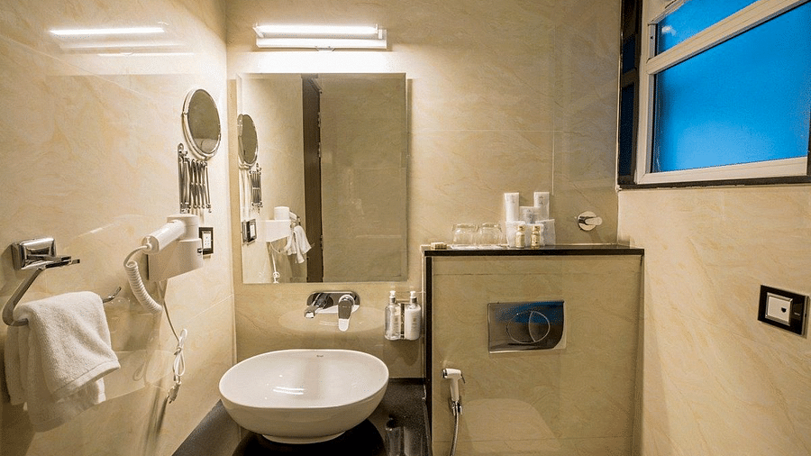 Front view shot of the bathroom highlighting a mirror above the wash basin at Regenta Inn DLS.