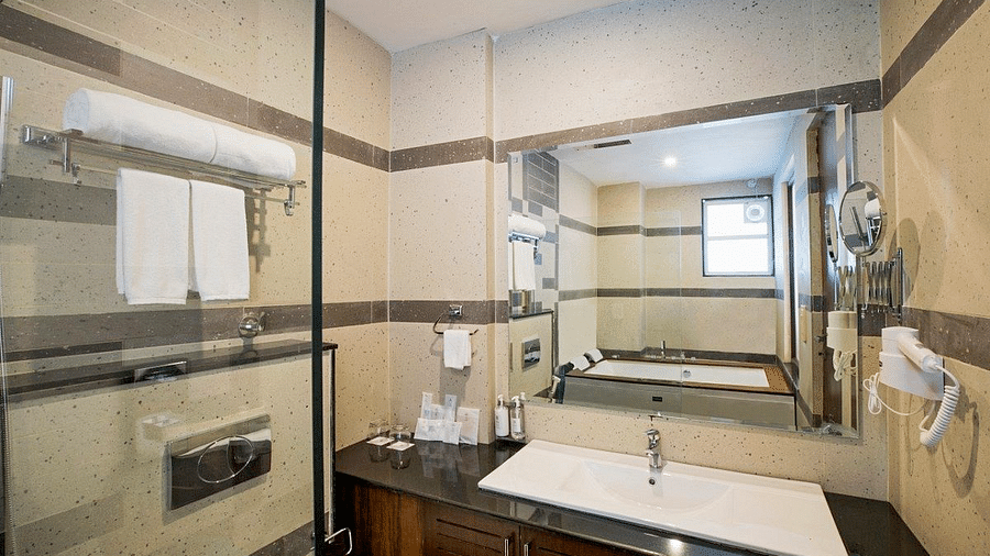 The bathroom at the Suite highlighting a wide wash basin with a huge mirror above it at Regenta Inn DLS.