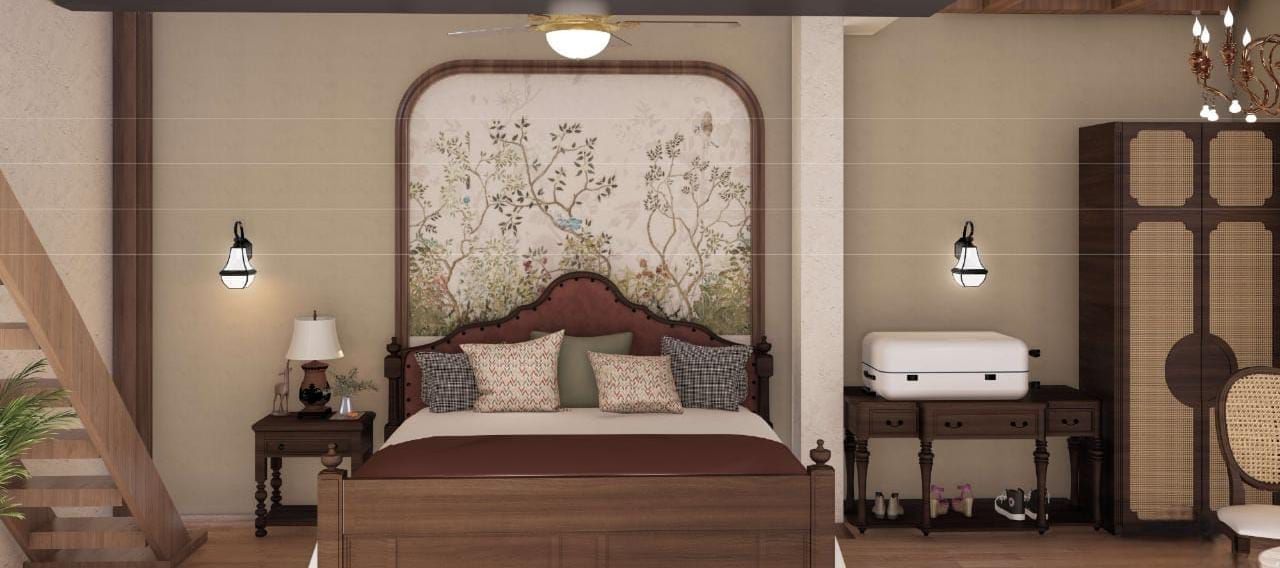 Elegant bedroom with a tapestry-style headboard, dark wood furniture, and soft, neutral wall colours at BluSalzz Terrah Hills Resort, Dalhousie.