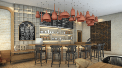 A decorated dining space at Symphony Palms Beach Resort And Spa, with chairs, and tables arranged for dining.