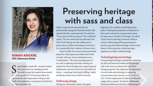 An article image featuring Sonavi Kaicker, CEO of Neemrana Hotels, discussing the preservation of heritage with sass and class.