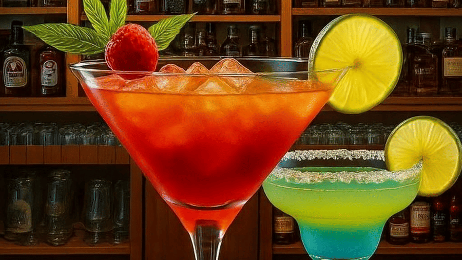 A bar counter at Sunset Bar and Lounge in Central Heritage Resort featuring maritini glasses and a background which has liquor bottles in a shelf