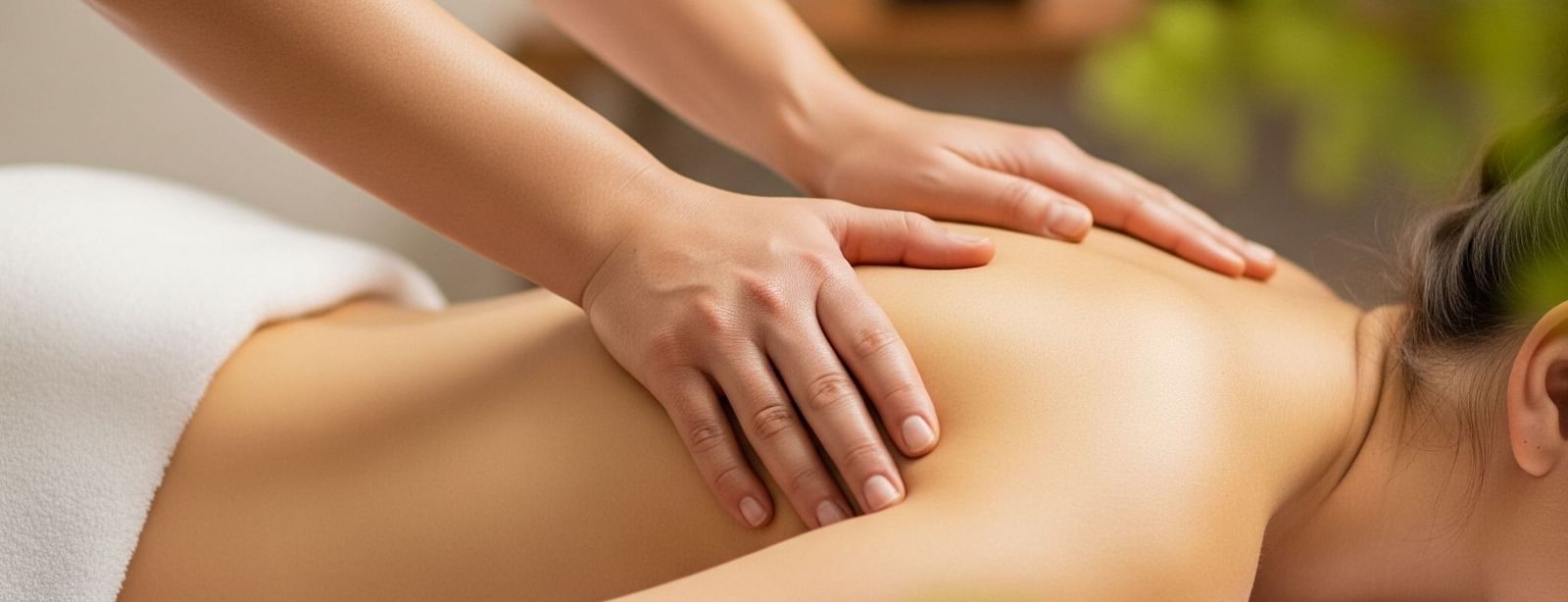 Person receiving a shoulder massage with spa items in the background.
