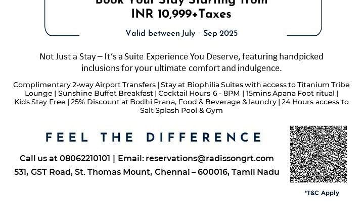 Creative lifestyle photography showing a couple enjoying morning coffee and breakfast in a luxurious hotel suite with ocean views, showcasing the elegant Biophilia Suite experience at Radisson Blu GRT Chennai with modern amenities and spacious accommodatio