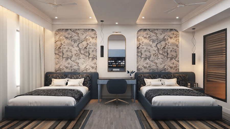 A room with modern interiors featuring 2 single beds at Essentia Luxury Hotel and Convention, Nagpur.