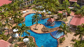Aerial view of Caravela Beach Resort with tree surrounding it and the swimming pool in the centre flanked by numerous rooms.