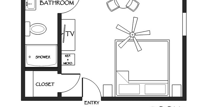 Floor plan of Room 2 at Shaver Lake Village Hotel, showing the bathroom, TV, closet, bed, and seating area in a 150 square foot space.