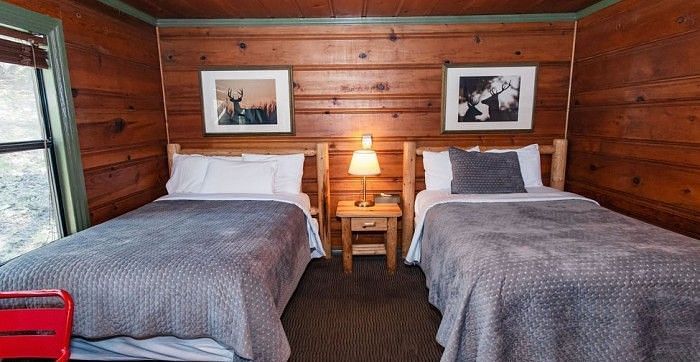 Overview of Twin beds inside a room at Shaver Lake Village Hotel with grey blankets, framed art, wood paneling, and a small table with a lamp between them.