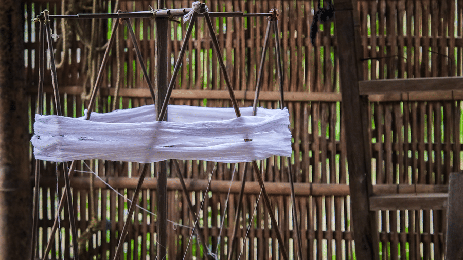 A wider view showing white cotton yarn resting on a traditional, simple vertical loom structure in a pastoral field.