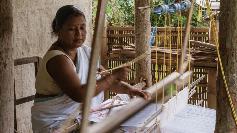 An alternative view of a local woman weaving on a handloom in a lush, semi-covered outdoor setting.