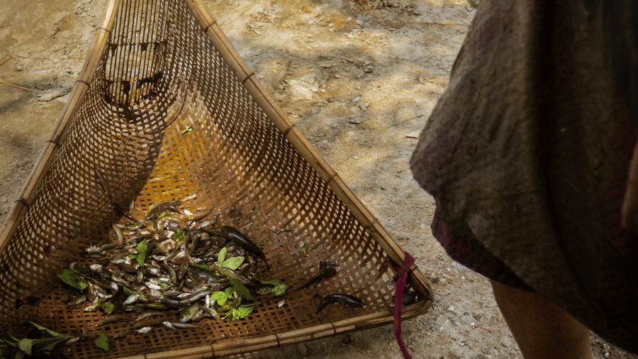 A close-up of a traditional woven conical basket resting on the ground at Rhino & River Wildlife Retreat & Spa, Pobitora.
