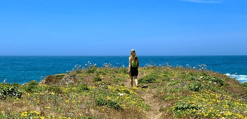A man stands on a grassy hilltop overlooking a body of water, with a path leading to them and a clear sky above.