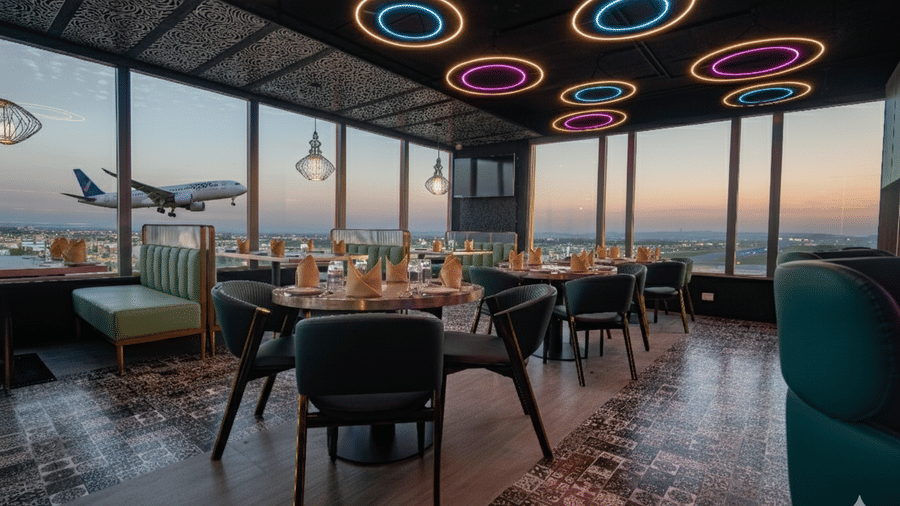 A lounge area with dark seating, large windows offering a view of a flight take-off and a ceiling decorated with circular lights | Pride Elite Chhatrapati Sambhajinagar