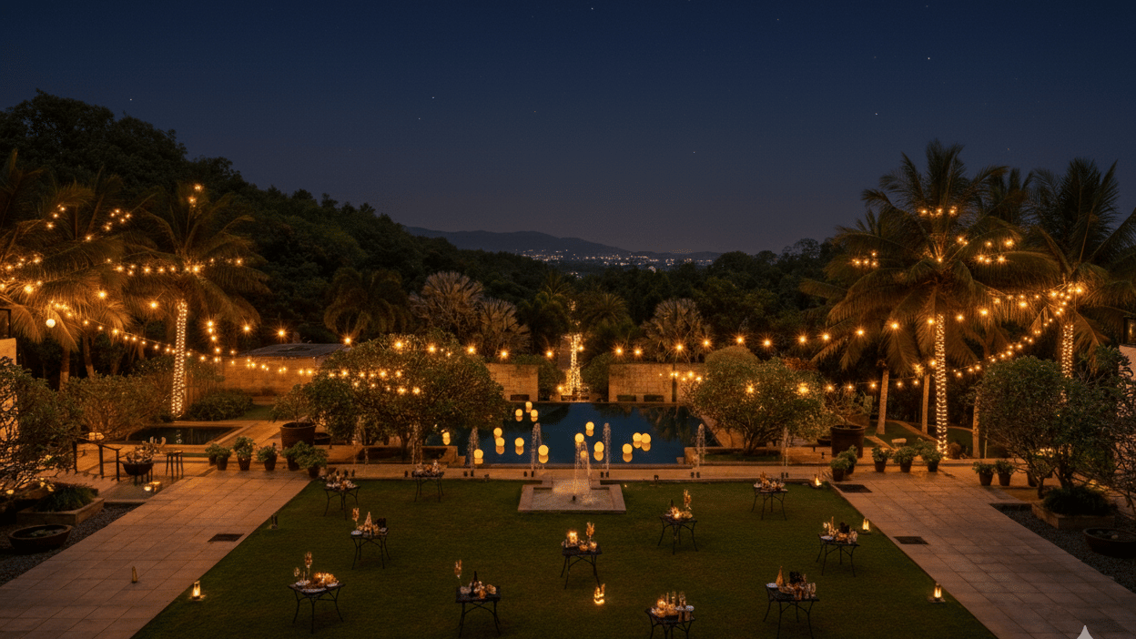 Outdoor lawn at The Serai set up with festive string lights for a New Year's Eve gala.