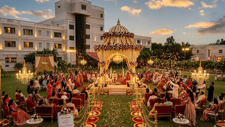 Aerial view of an outdoor wedding ceremony with a decorated mandap, floral aisle, and guests seated under a night sky at Jenneys Residency, Coimbatore.