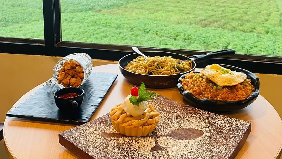 Delicious looking dishes on a table overlooking a scenic lawn