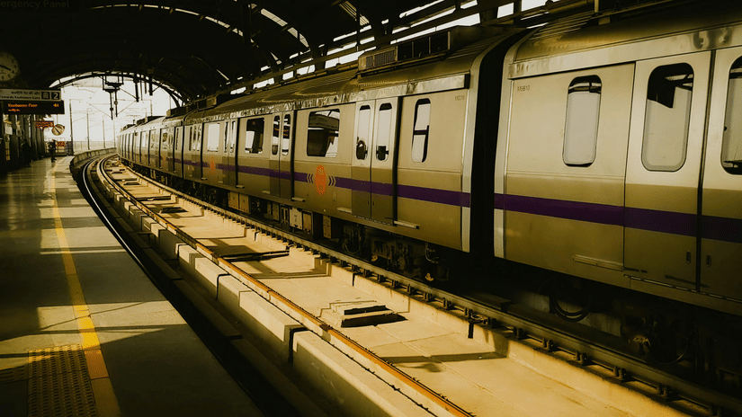 A metro stopped at an empty station, with light entering through windows and the tunnel.