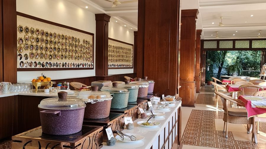  A buffet table with a variety of dishes.